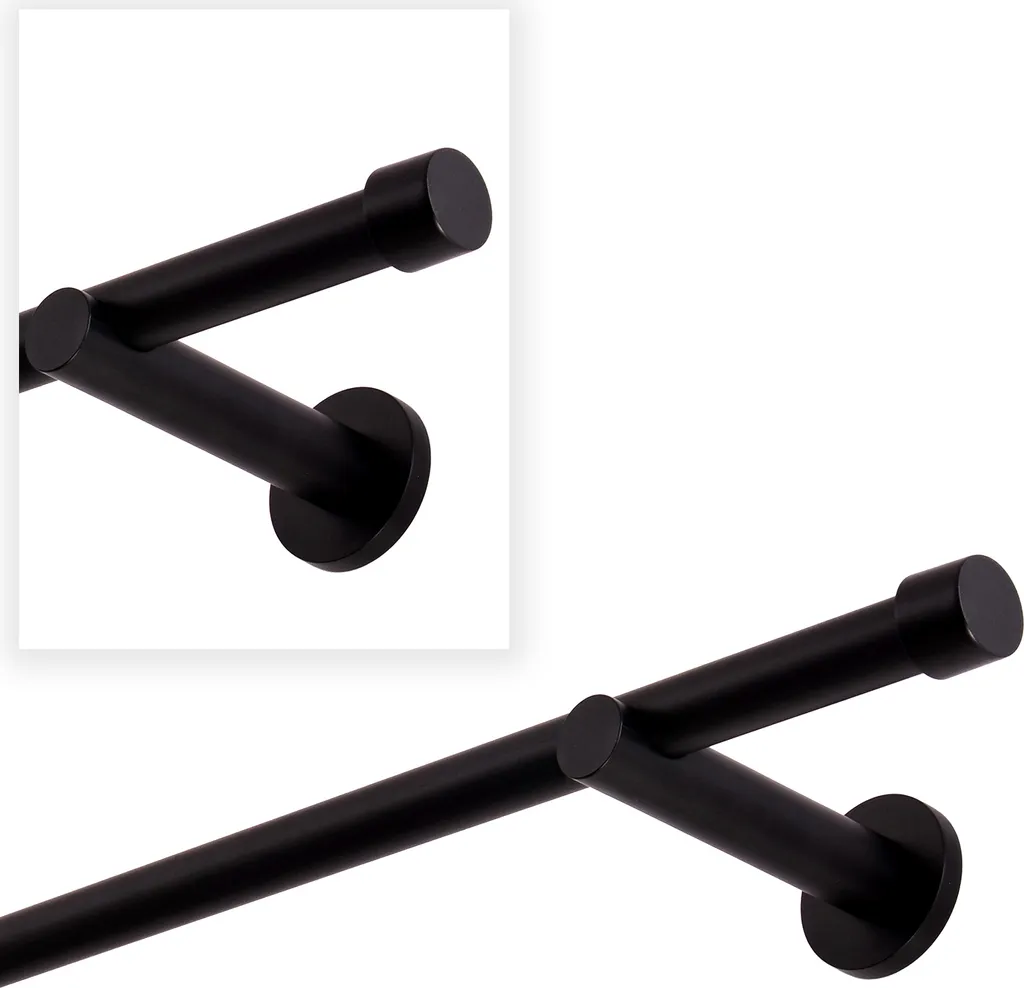 Bastone per tende nero, 200 cm, 1 binario, 19 mm, in metallo, fissaggio a parete, tappo diritto
