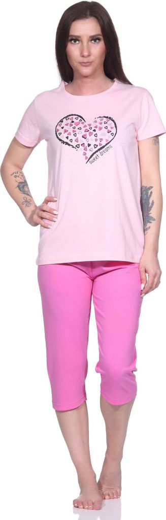 Damen Capri Schlafanzug, 3/4-Capri-Pyjama mit süßem Herzchen-Muster ; rosa , 44-46