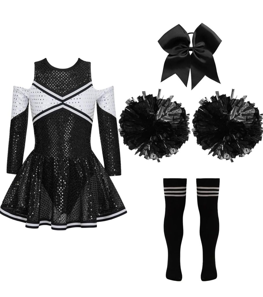 Mädchen Cheerleader Kostüm – Größe 116 cm | Glitzerndes Cheerleading-Outfit mit Pailletten-Kleid, Pompons, Haarband & Strümpfen | Perfekt f...