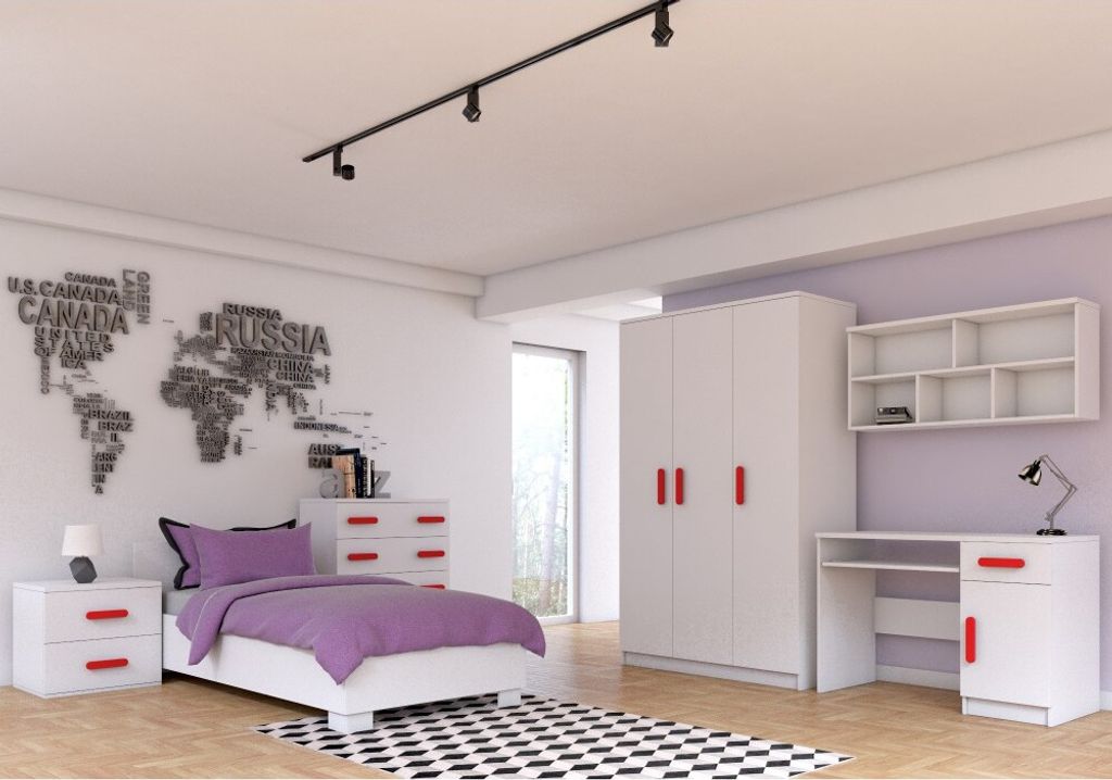 Kinderzimmer-Set Bett Schrank Wandregal Kommode Schreibtisch Nachttisch Weiß/Weiß mit roten Griffen ohne Matratze Jonas IV 01