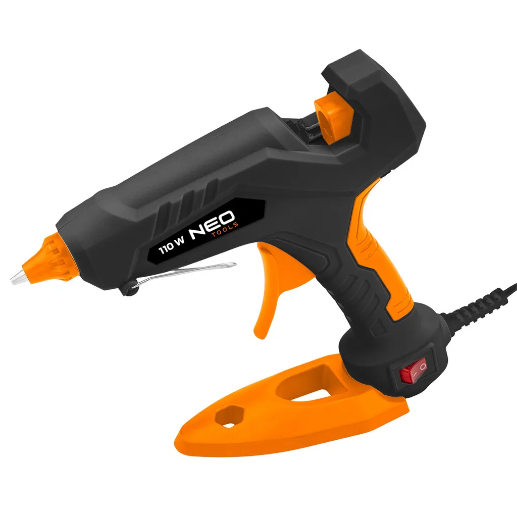 NEO TOOLS pistola incollatrice 11 mm, 60W, alimentazione 230V, 50HZ, terminale metallico sostituibile, potenza 22 g/min, , Rheinland, punta metallica antigoccia per un'applicazione precisa della colla