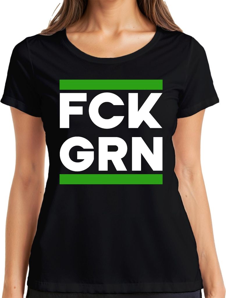 FCK GRN Anti Grün Protest Politik Klima Kritik Satire Spruch Damen T-Shirt, Schwarz, M