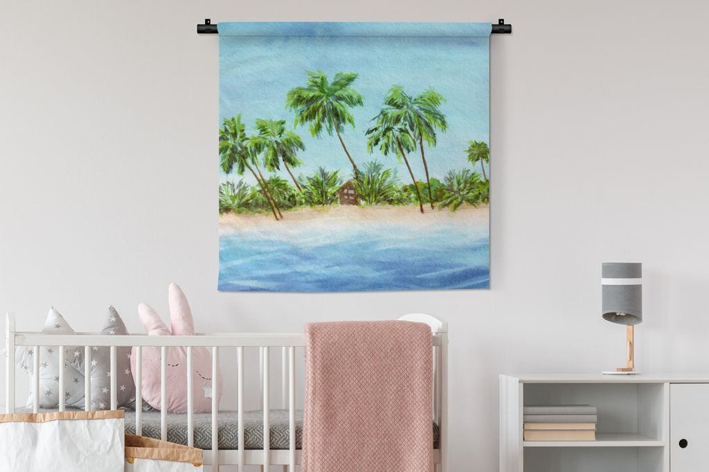 MuchoWow® Wandteppich Wandbehang Palme - Strand - Hütte Produktbild 