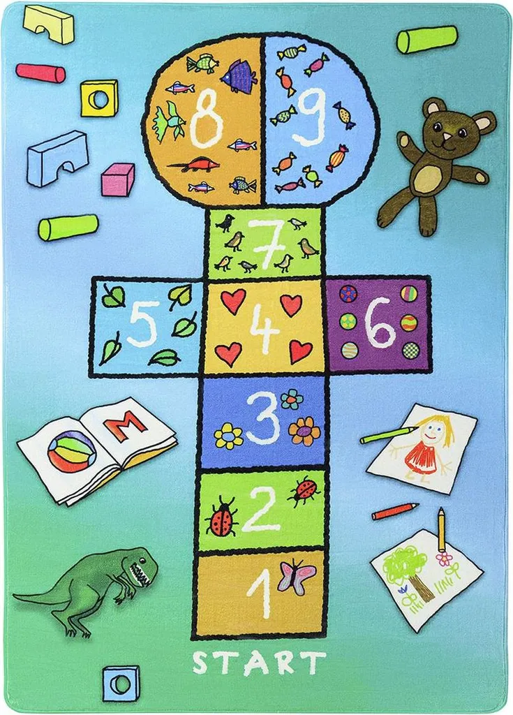 Tapis marelle antidérapant bleu 110x160 cm idéal pour salle de jeux enfant