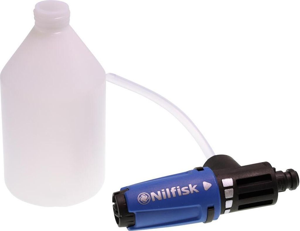 A white plastic bottle with a clear tube connected to a blue and black spray nozzle.