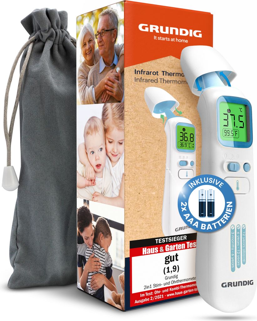 GRUNDIG Fieberthermometer - Thermometer für Baby Kinder Erwachsene - hochpräzise kontaktlos und digital Fieber an Ohr Stirn und Objekten (mit Bat...