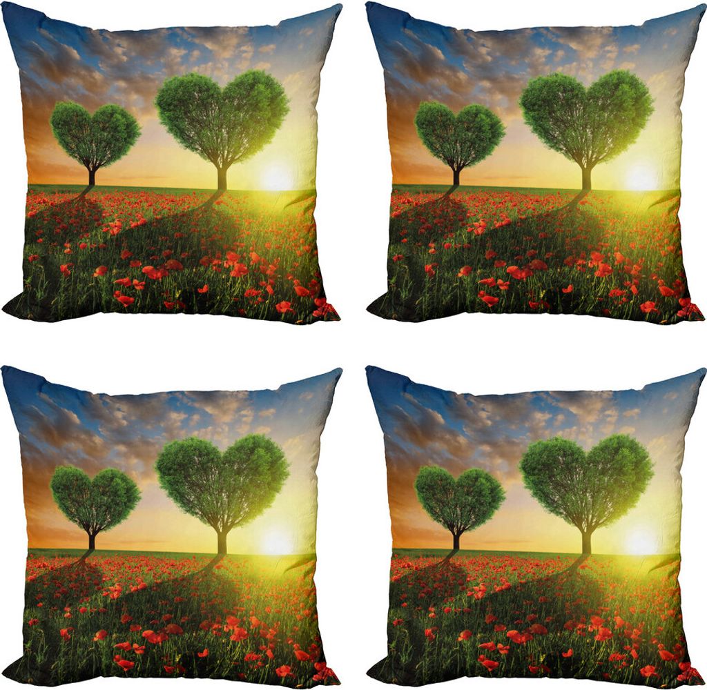 ABAKUHAUS Valentinstag Kissenbezug Set (4 Stück), Poppies Herz-Bäume, Moderner Doppelseitiger Digitaldruck, 45 cm x 45 cm, Grün, Rot, Blau