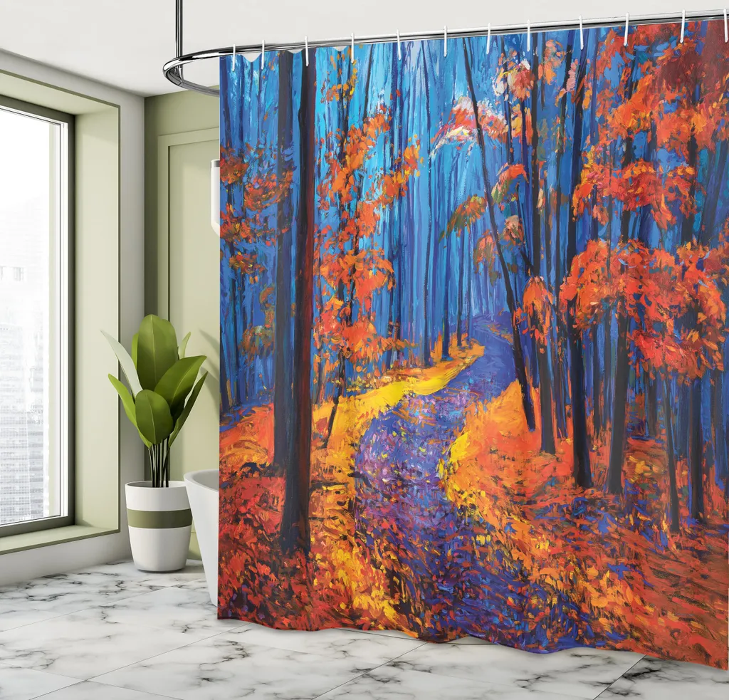 ABAKUHAUS Tenda da doccia Land, scura e profonda nella foresta in autunno Autunno Stagione Calma Magica Natura Arte Pittura, tessuto Set decorativo per bagno con ganci, 175x240 cm, arancione blu navy - 3