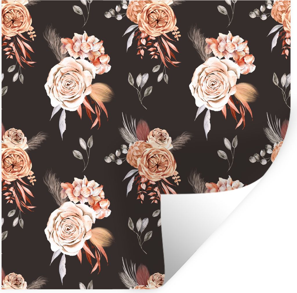 MuchoWow Wandtattoo Wandsticker Wandaufkleber Blumen - Bohème Dekoration - Schwarz 80x80 cm Selbstklebend und Repositionierbar - Wierderverwendb...