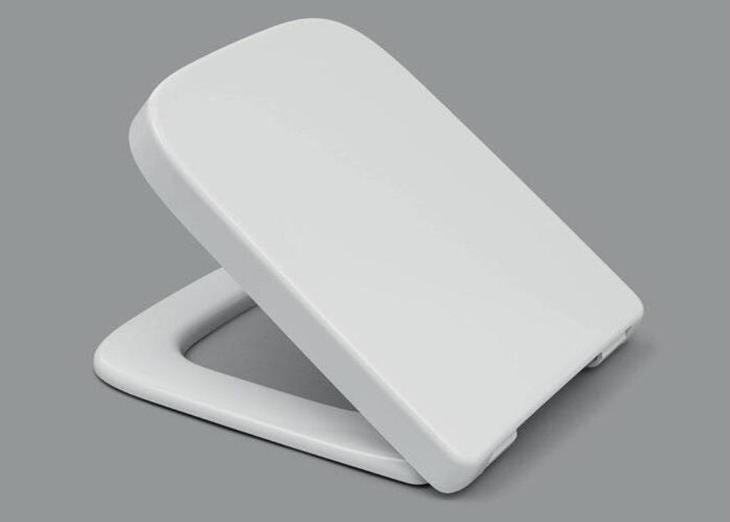 A white toilet seat is shown on a gray background.