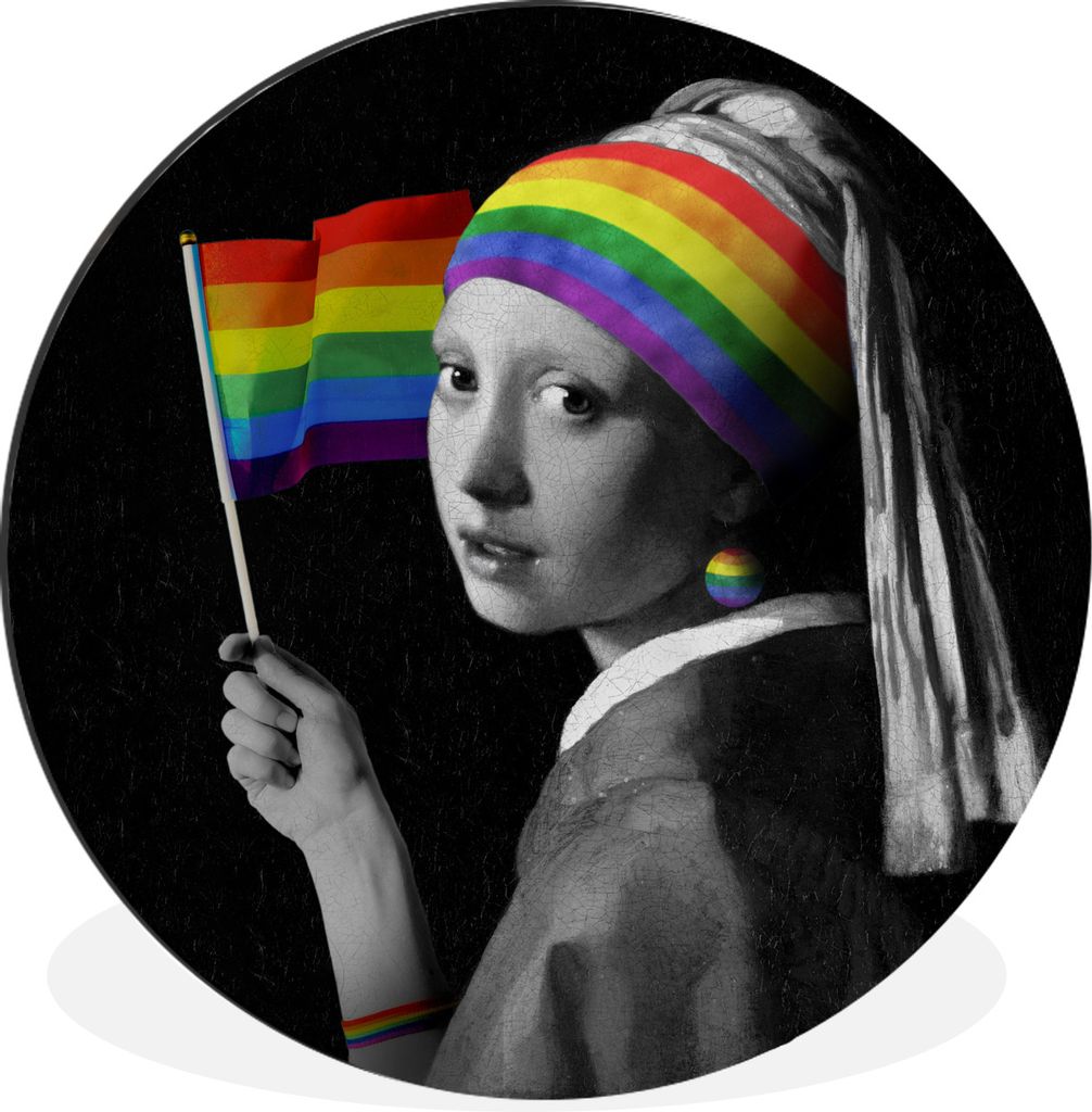 MuchoWow Aluminium Wandkreis Das Mädchen mit dem Perlenohrring - Pride Flag - Regenbogen Ø 90 cm Wanddeko Modern Wohnzimmer - Mauerkreis - Wand...