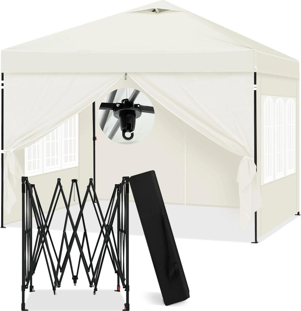 Faltpavillon - Partyzelt - 300 x 278 x 300 cm - Wasserdicht - UV-Schutz - Höhenverstellbar - Mit Seitenwänden - 210D Oxford mit Silberbeschichtun...