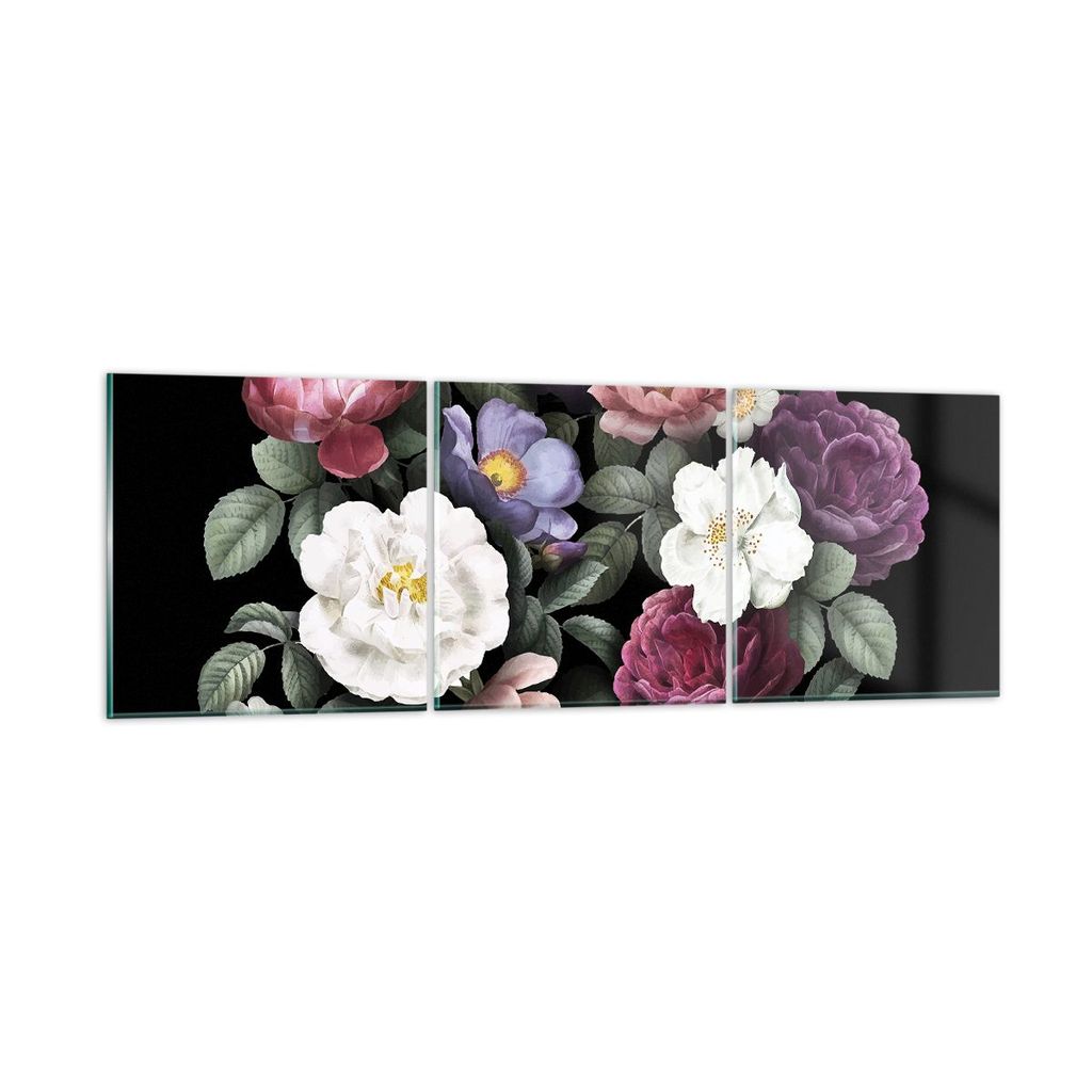 Bilder auf glas - 3 Teile - Blumen Blumenstrauß Komposition - 90x30cm - Glasbilder - Wandbilder - Bilder - Wanddekoration aus Glas - Glas Bilder -...