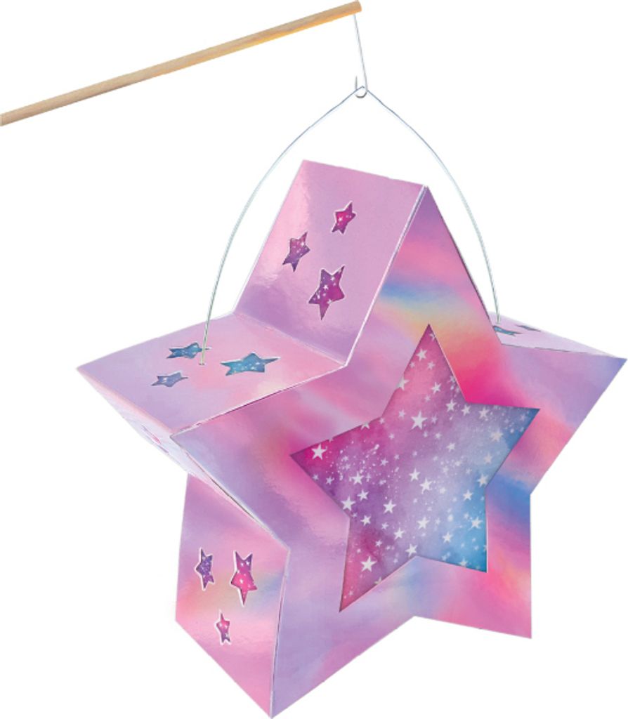 A star-shaped lantern is shown against a white background, suspended by a thin wire from a wooden stick.
