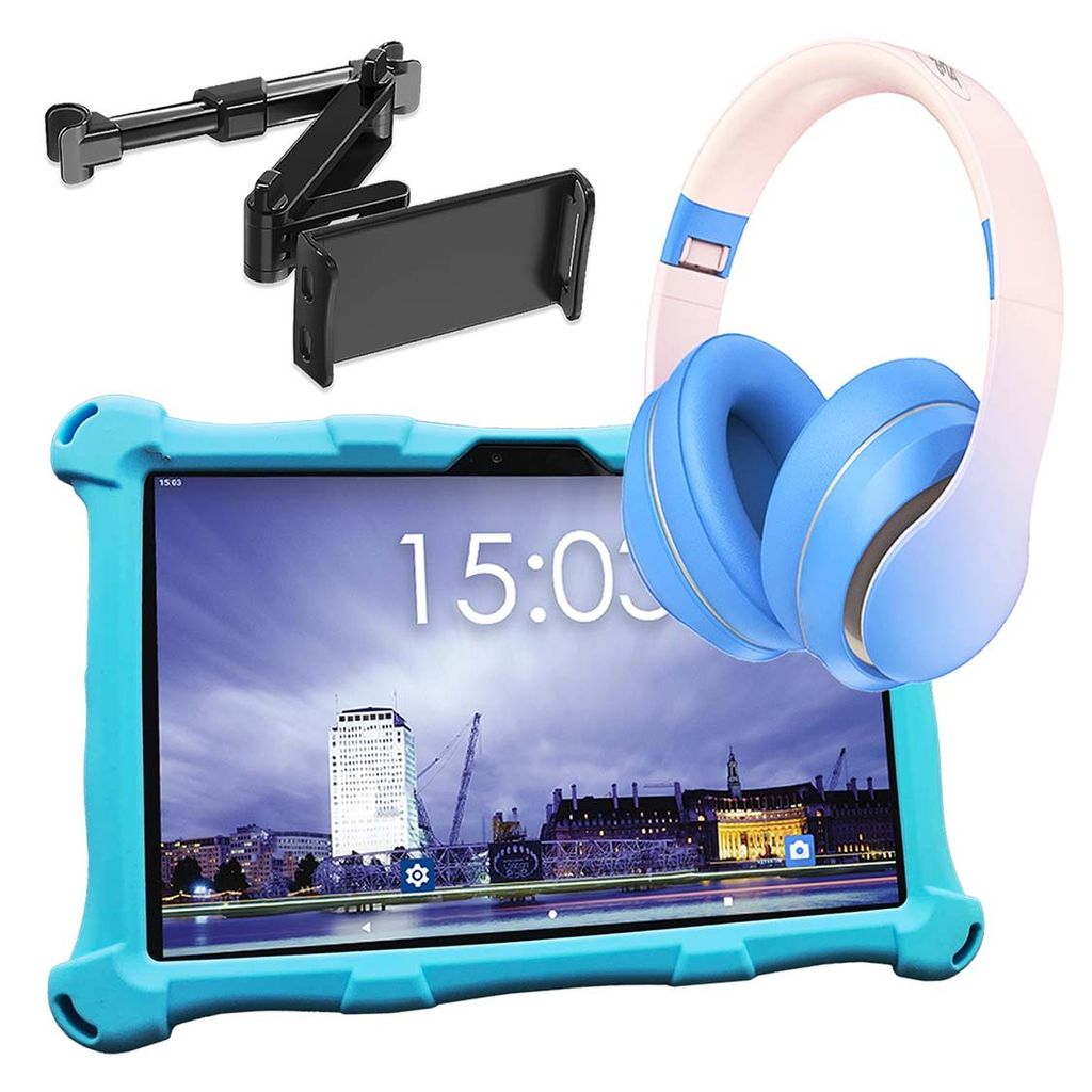 AngelTech Kindertablet XL Blau XL mit Kopfhörer und Produktbild 