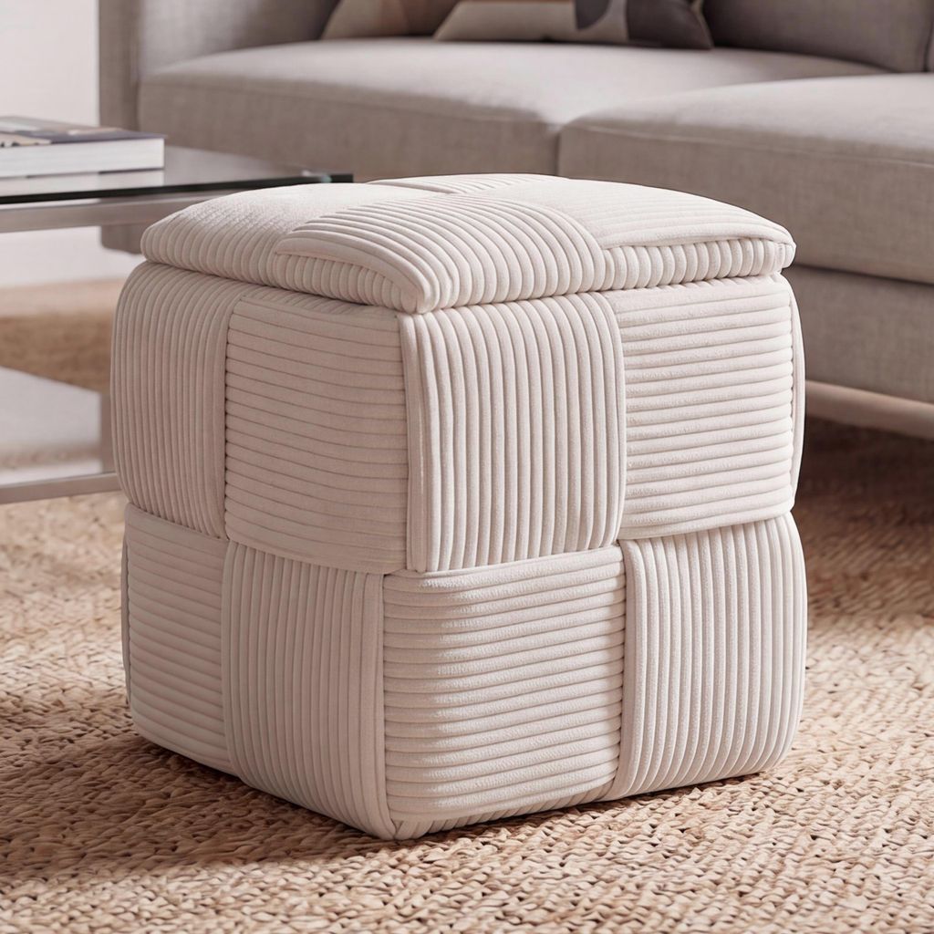 Hocker MCW-Q47, Sitzhocker Ottomane Polsterhocker Pouf, Deckel Staufach Stoff Cord (260g/m²) 43x40x40cm creme