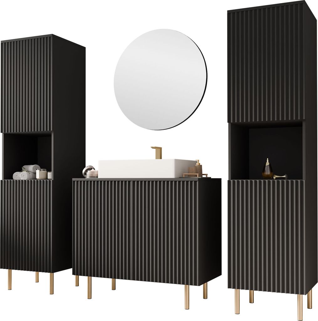MIRJAN24 Badmöbel-Set Nubia VI, Badezimmer-Set mit Spiegel (Farbe: Schwarz, Mit Siphon, Ohne Waschbecken)