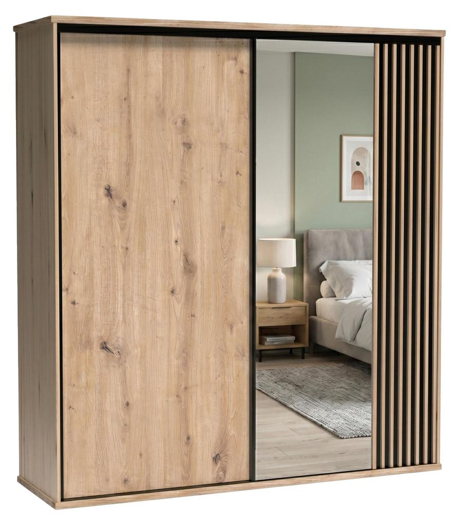 Schwebetürenschrank - 199 x 217 cm - Artisan Eiche und Lamellen - Großer Spiegel - Schiebetürenschrank - Schlafzimmer - CALI
