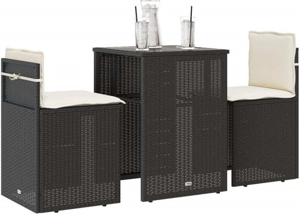 "Rabatt" 3-tlg. Bistro-Set - mit tishe & Stuhl - mit Kissen Schwarz Poly Rattan - Lounge-Dining set CC17498