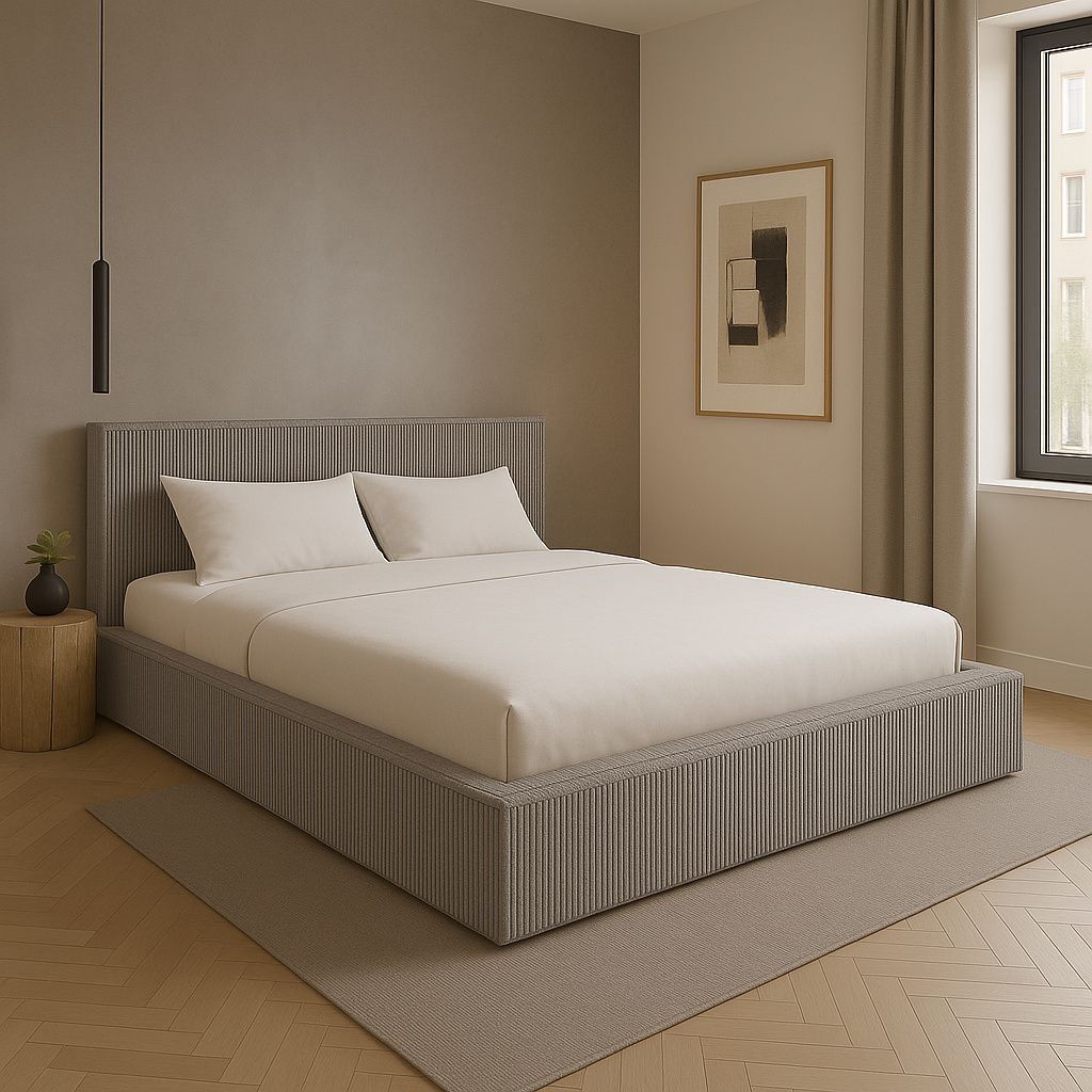 GUTTO Polsterbett nach Maß FILO Beige 200x200 aus Kordstoff mit Metall-Lattenrost Modernes Design in trendigen Farben, mit Stauraum