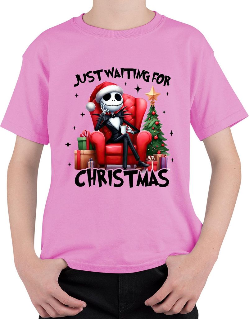 Just Waiting For Christmas Jack Skellington Skelett Weihnachten Uni Kinder T-Shirt, Pink, 128