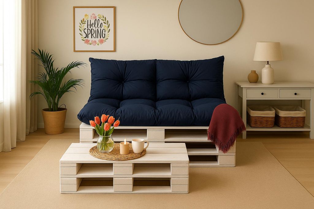 Cuscini Per Pallet Esterni Da Giardino - Set Blu 120x60+120x50 Cm Con Federa Lavabile In Poliestere