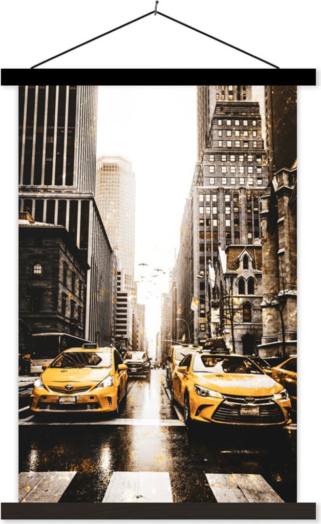 MuchoWow Textilposter Gold - Taxis - New York 40x60 cm mit schwarzem Rahmen - Wanddekorationen