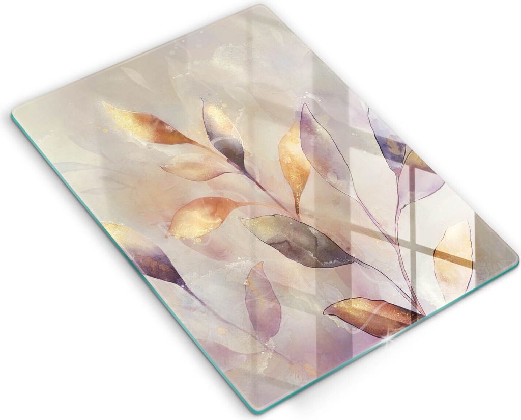 Glasschneideplatte - Herdabdeckplatte - 40x52 cm - Schneidebrett - Spritzschutz - Bemalten Boho Blätter