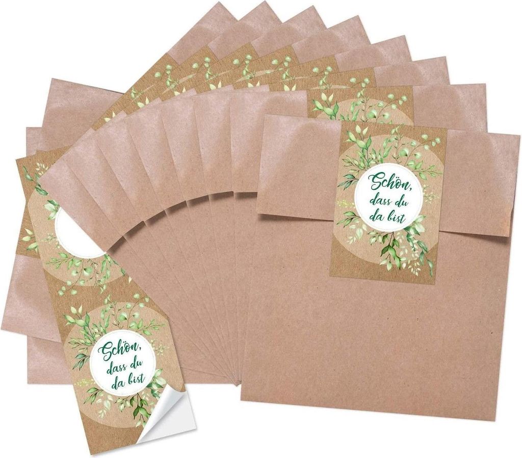 25 kleine braune Papiertütchen (13 x 18 cm) + 25 Banderolen (5 x 15 cm) DANKE rot graue HERZEN - Geschenktüten give-aways Mitgebsel Verpackung al...