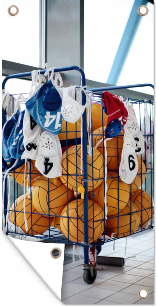 MuchoWow 40x80 cm Outdoor-Poster Gartendeko Sichtschutz Garten Poster für den Garten Mülleimer mit Wasserballausrüstung