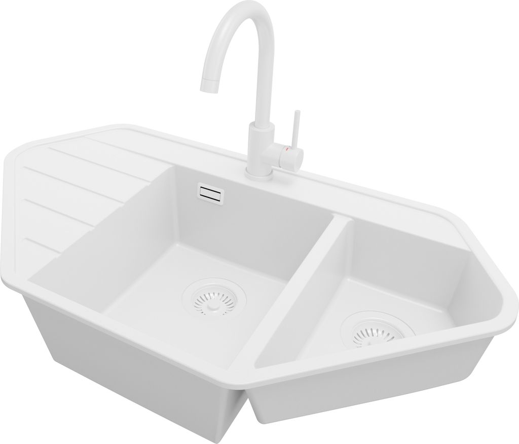 PRIMAGRAN Granitspüle Alles Weiß 90x50cm, Eckspüle 1,5 Becken + Küchenarmatur 32x20cm + Ablauf-Set, Küchenspüle ab 80er Unterschrank - Kopenh...