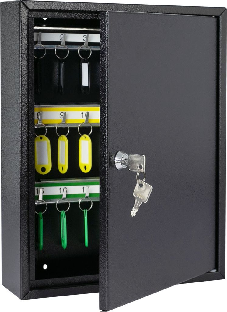Schlüsselschrank aus Stahl, abschließbar mit 42 Haken, 35x27x 8 cm, HMF, Schwarz