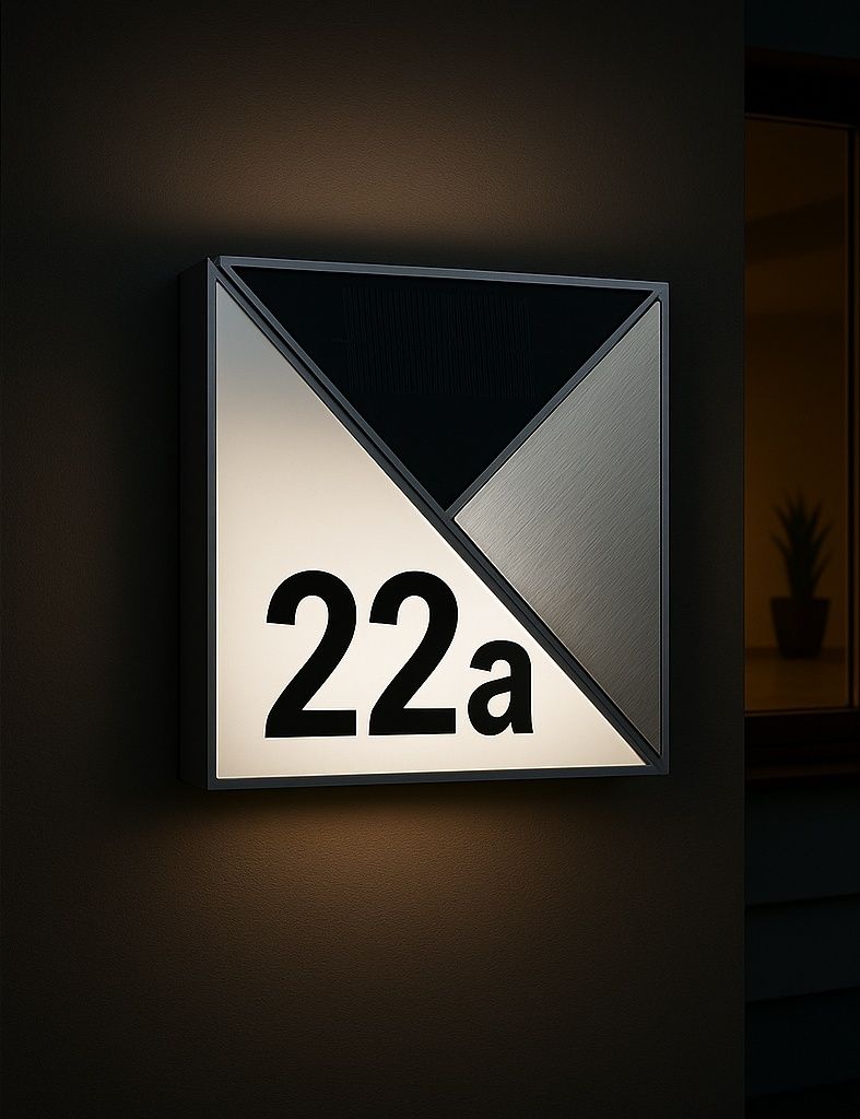 MeLiTec Solar-Hausnummer SH07, moderne LED-beleuchtete Hausnummer, für außen, wasserdicht, aus Edelstahl, kabellose Solar-Hausnummernleuchte