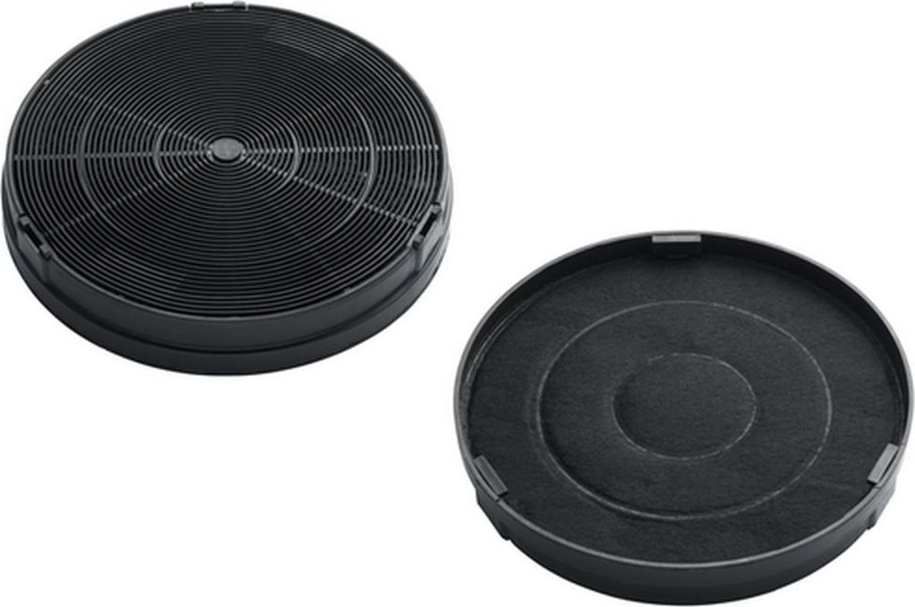 Two charcoal filters for a kitchen hood are shown against a white background. The filters are circular and black, with one showing a grate-like surface and the other a more textured filter material.