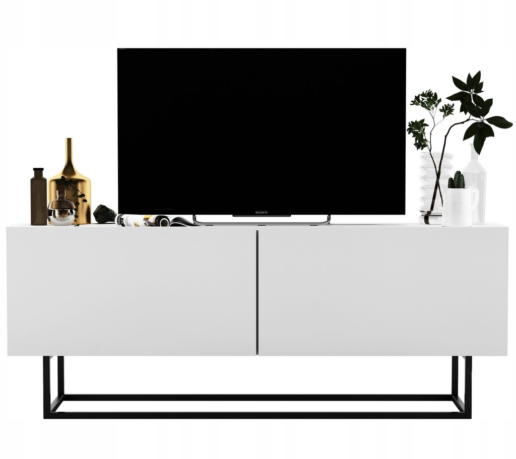 A white media console with a black metal frame, featuring a large black TV screen on top and decorative items on the surface.
