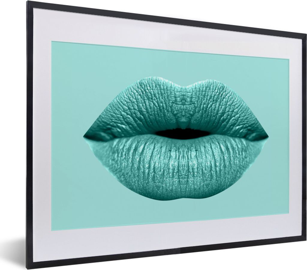 MuchoWow MuchoWow Gerahmtes Poster Lippen - Pastell - Blau 40x30 cm - Poster mit zchwarzem Bilderrahmen - Bilderrahmen - Poster im Rahmen