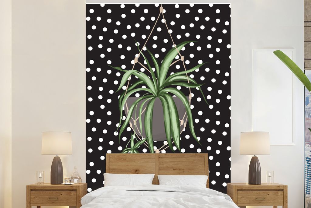 MuchoWow Fototapete für Wohnzimmer oder Schlafzimmer Wandtapete Vinyl Motivtapete Pflanze - Hängender Blumentopf - Dots - 195x300 cm - Das Hint...