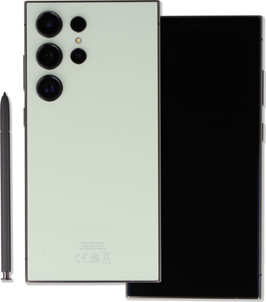A light green Samsung Galaxy S24 Ultra smartphone with its S Pen stylus is shown next to it.
