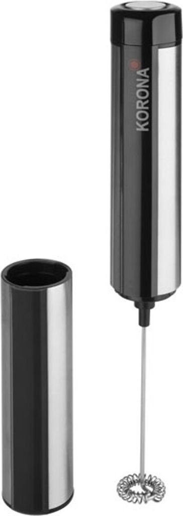A black and silver milk frother and its protective cover are displayed against a white background.