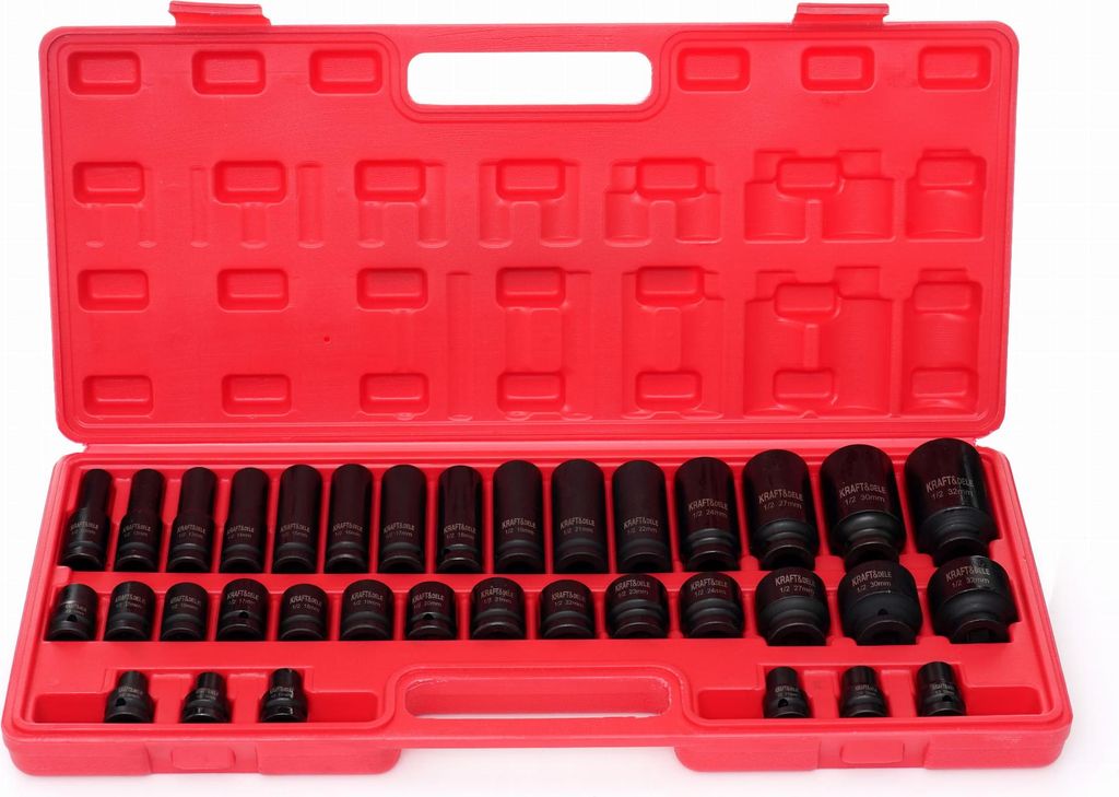 A red plastic toolbox containing a set of black metal sockets.