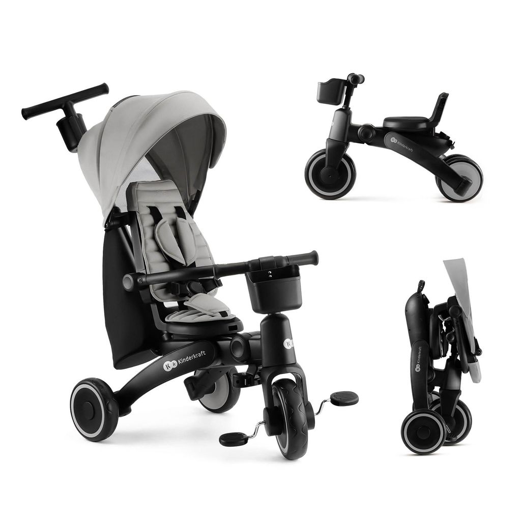 A collage of images showing a Kinderkraft Jazz 2 foldable trike in different configurations and folded state.
