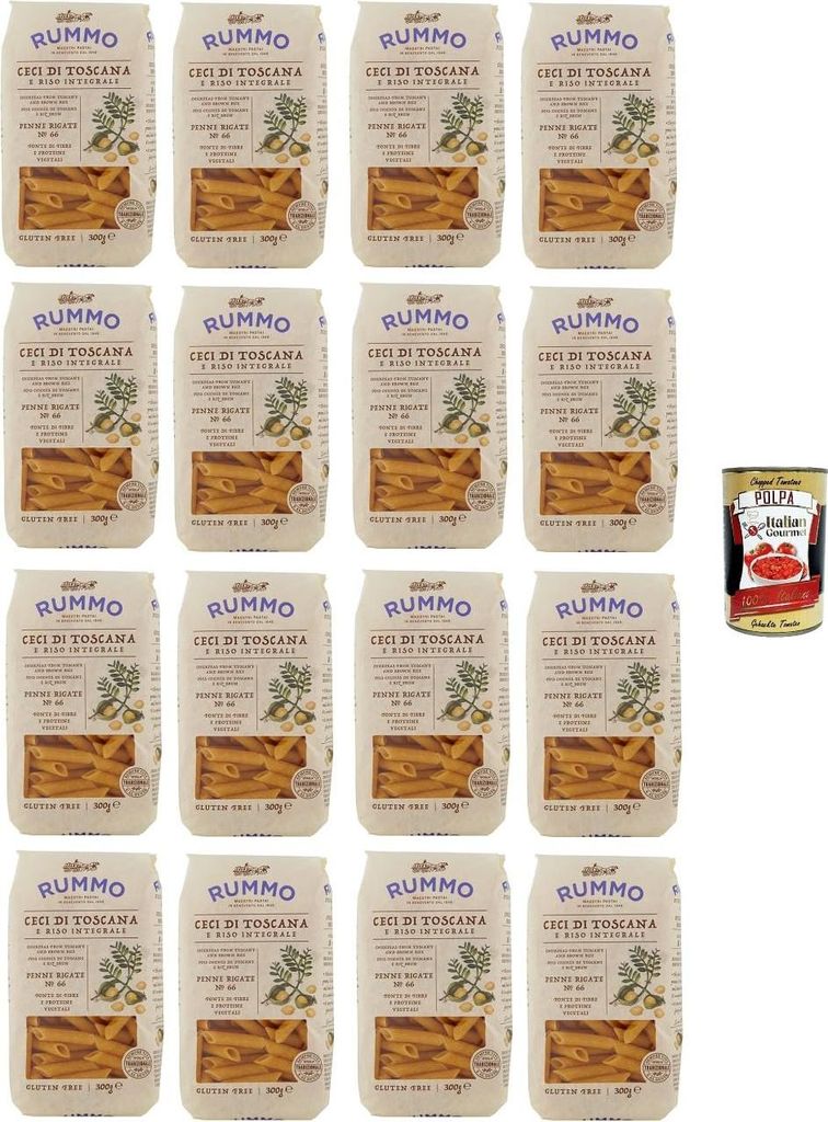 Rummo Penne Rigate N°66 Glutenfreie Pasta mit toskanischen Kichererbsen und braunem Reis 16 x 300gr + Italian Gourmet polpa 400g