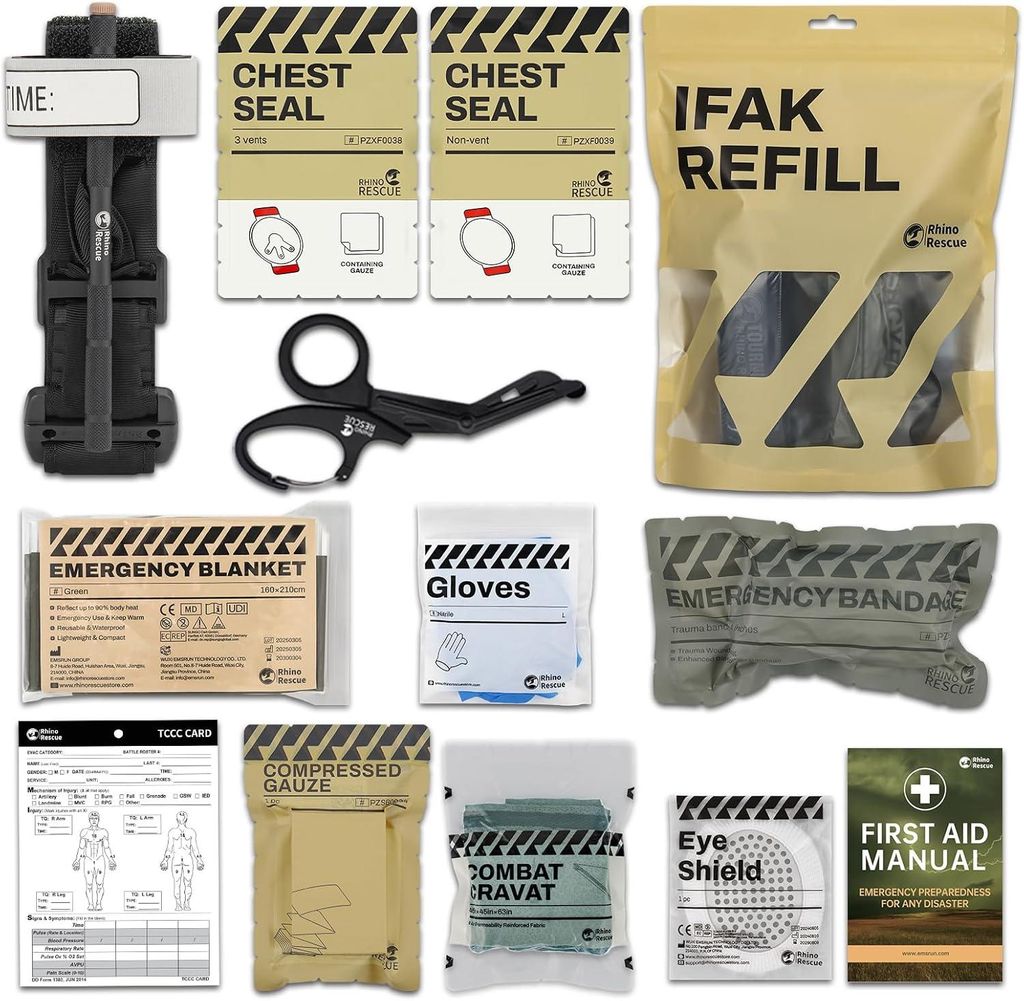 Rhino Rescue Ifak Trauma Kit, Ersthelfer Military Aid Kit Tourniquet, Brustsiegel, 6 in israelischem Verband, 2 komprimierte Gaze (mit 11 Teilen)