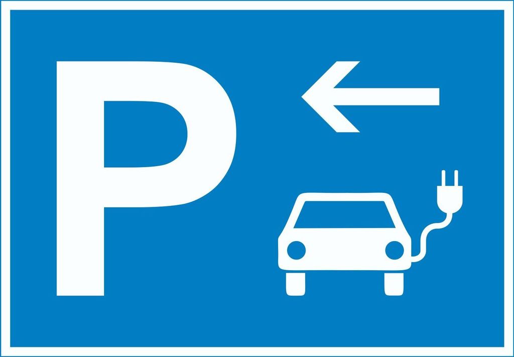 E-Auto Elektrofahrzeug Parkplatz Schild mit Richtungspfeil links waagerecht A6 Rückseite selbstklebend