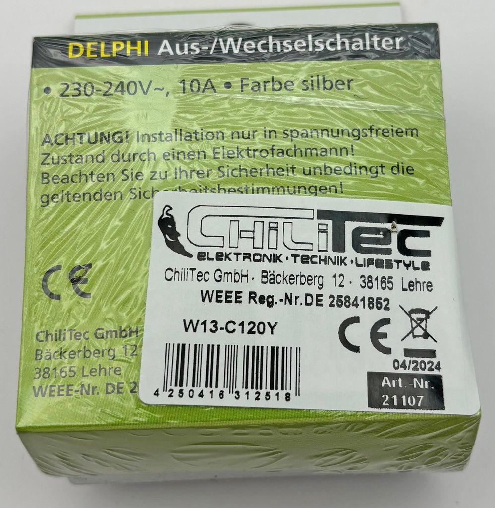 DELPHI Wechsel-Schalter 250V/ 10A, inkl. Rahmen, UP, silber Produktbild 3