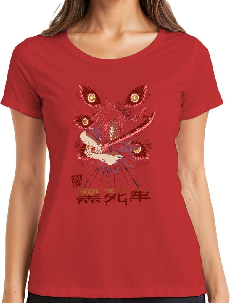 Anime Dämon Samurai Katana rote Klinge blutig düster Damen T-Shirt, Rot, 3XL