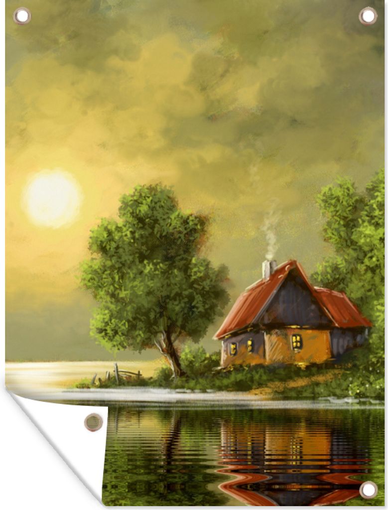 MuchoWow 60x80 cm Outdoor-Poster Gartendeko Sichtschutz Garten Poster für den Garten Gemälde - Ölfarbe - Haus - Natur - Wasser