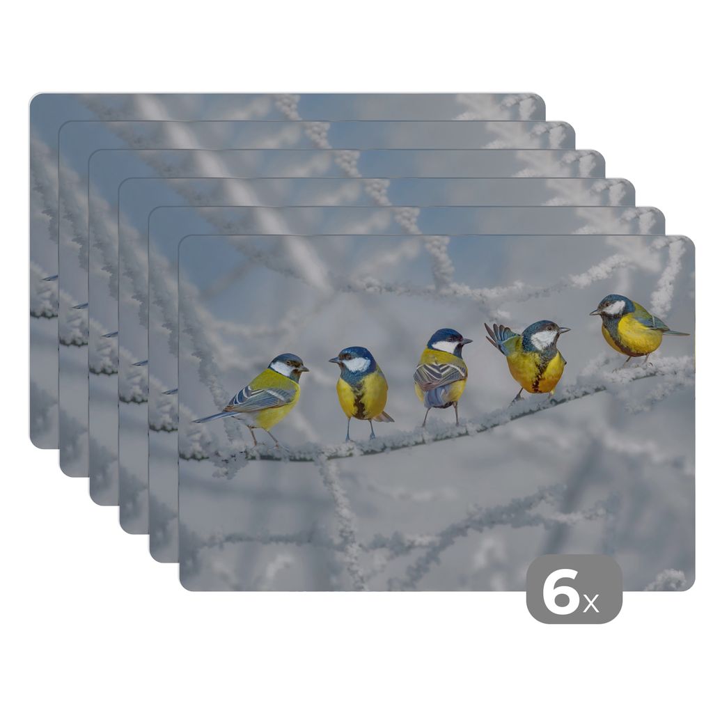 KitchenYeah Platzsets 6er Set Tischset abwaschbar Platzdecken 45x30 cm Vogel - Kohlmeise - Winter - Schnee - Zweige - Tischmatte Platzmatte Unter...