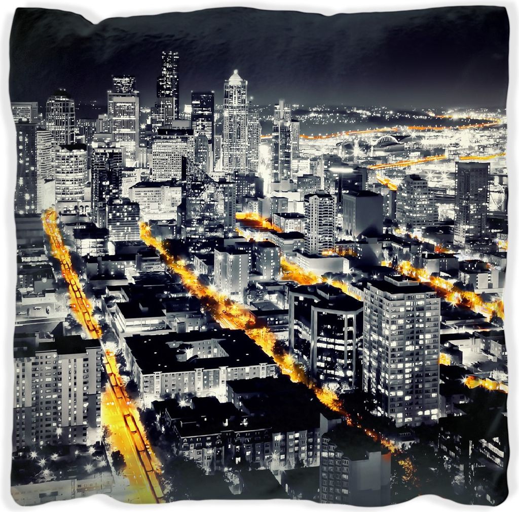Wallario Premium Kissen, weiche Oberfläche, mit Motiv Großstadt bei Nacht - Seattle in schwarz weiß gelb, Größe: 60 x 60 cm, mit weißer Rück...
