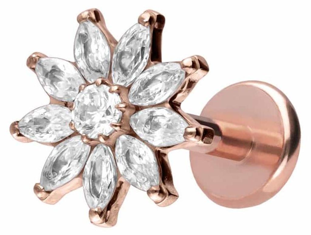Ohrpiercing, Nasenpiercing Titan Labret mit Push Fit KRISTALLBLUME RoséGold Stablänge: 6mm | Stabstärke: 1mm